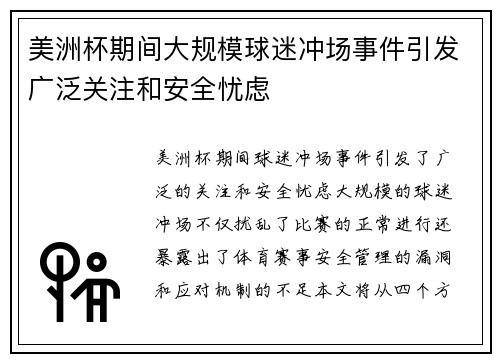 美洲杯期间大规模球迷冲场事件引发广泛关注和安全忧虑